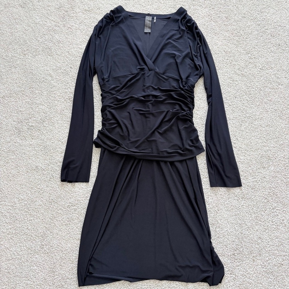 Norma Kamali Dress Womens XL Black V Neck Ruched Knee Length Professional Modest